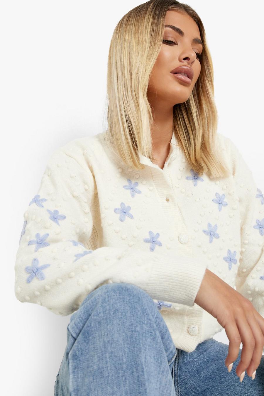 Cream Embroidered Floral Bobble Knit Cardigan image number 1