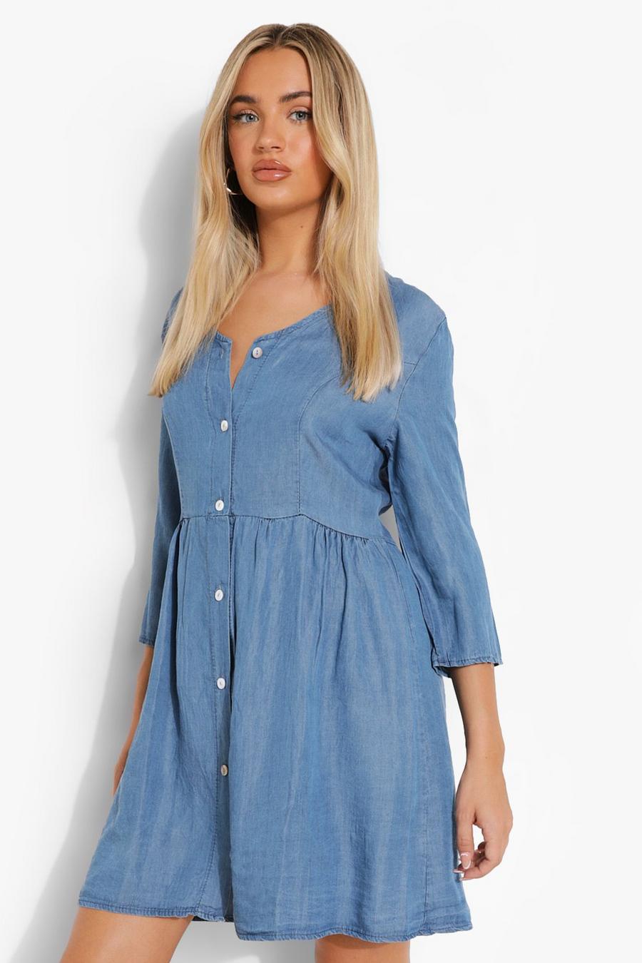 Blue 3/4 Sleeve Chambray Summer Dress image number 1