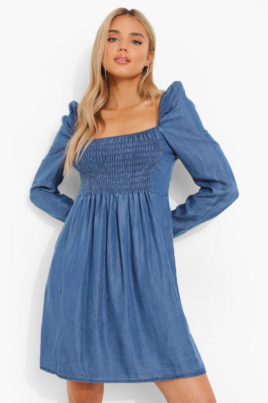 Blue Shirred Chambray Summer Dress