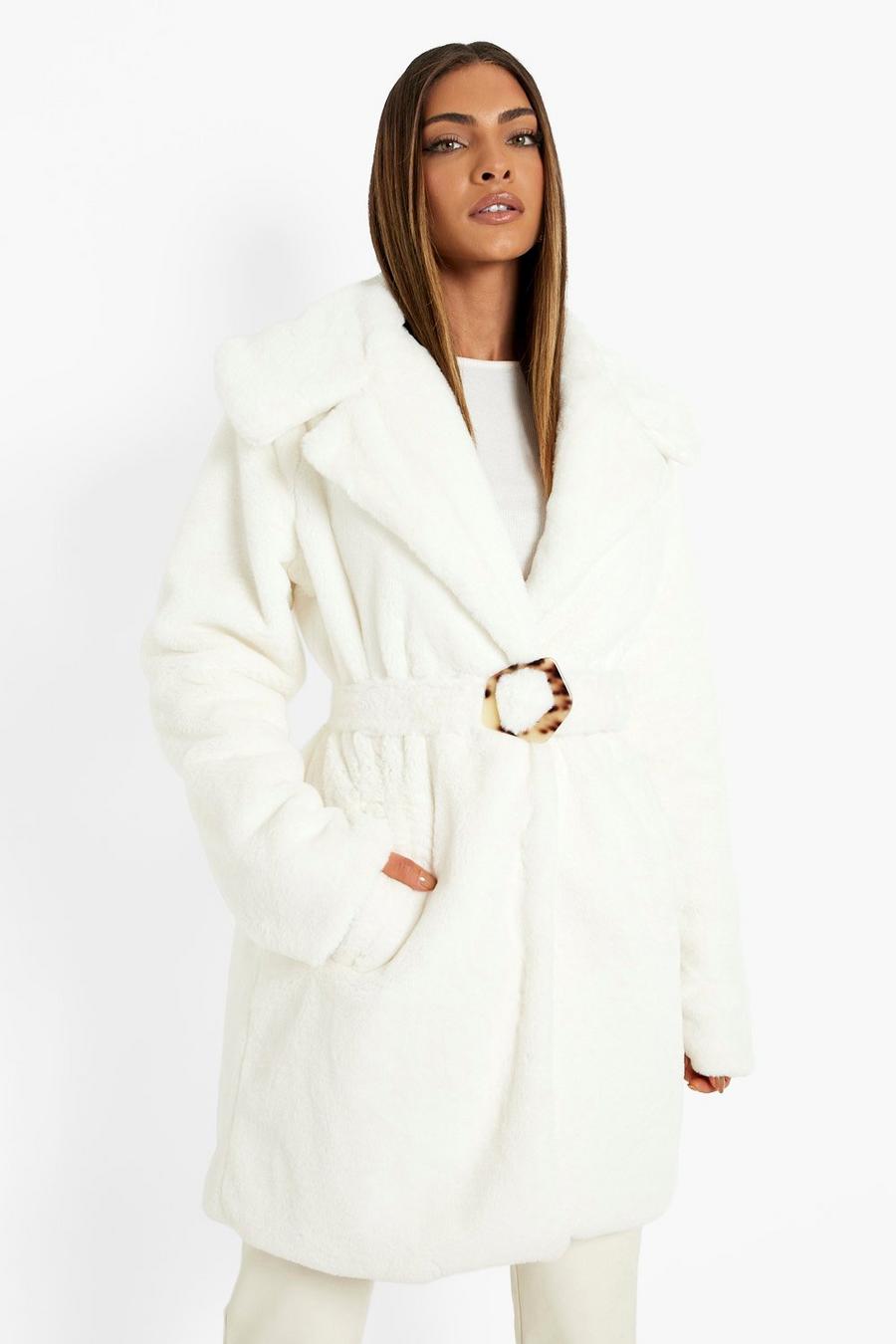 White Buckle Detail Belted Faux Fur Coat image number 1