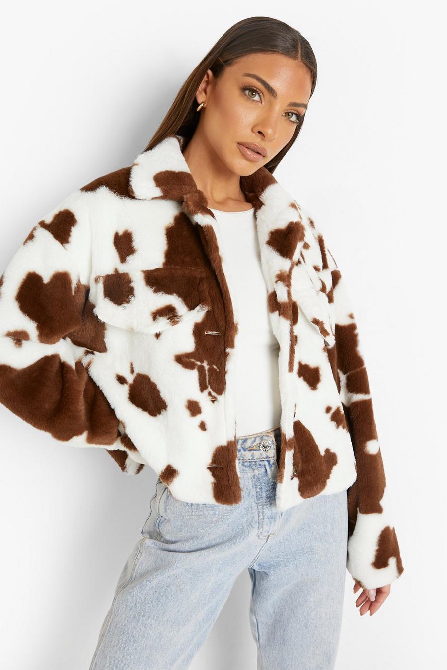 Brown Cow Print Faux Fur Jacket image number 1