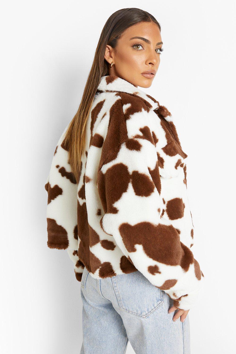 Cow print shop faux fur jacket