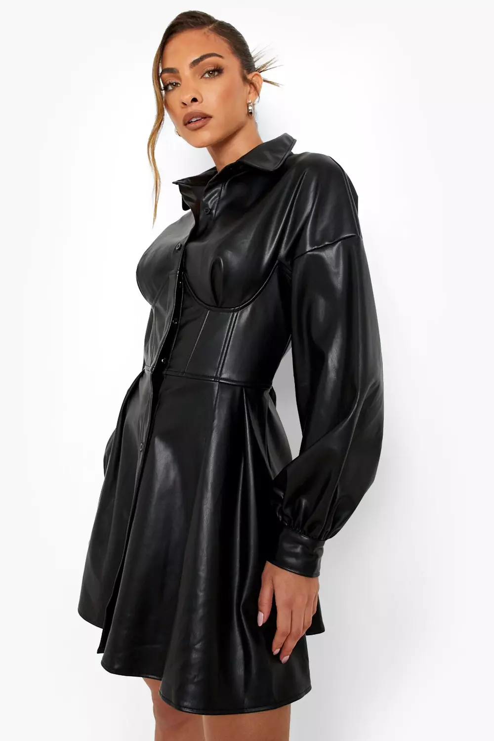 Long sleeve leather shirt hot sale dress