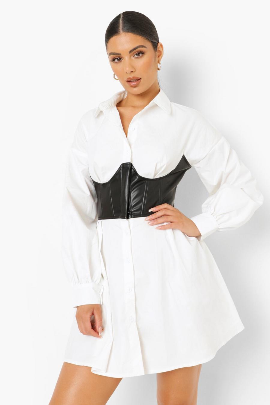 Ivory Shirt Dress With Faux Leather Corset image number 1