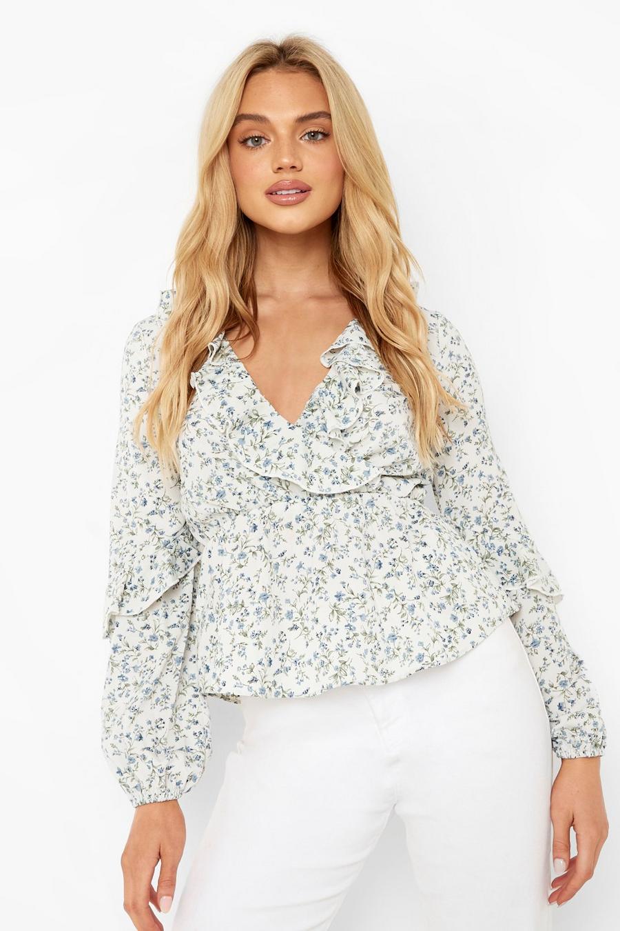 Blue Floral Ruffle Wrap Peplum Top image number 1