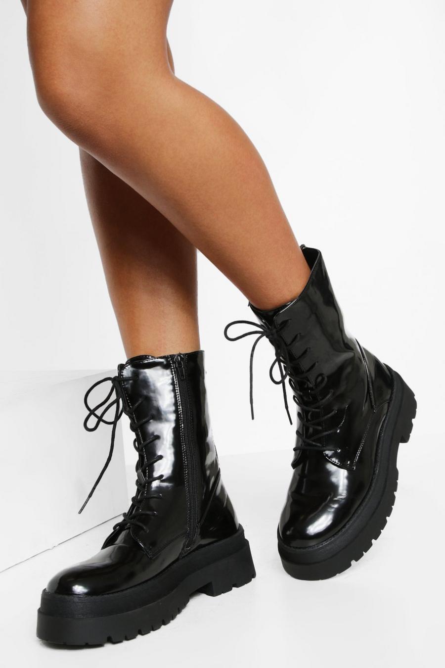 Black Wide Width High Ankle Combat Boots image number 1