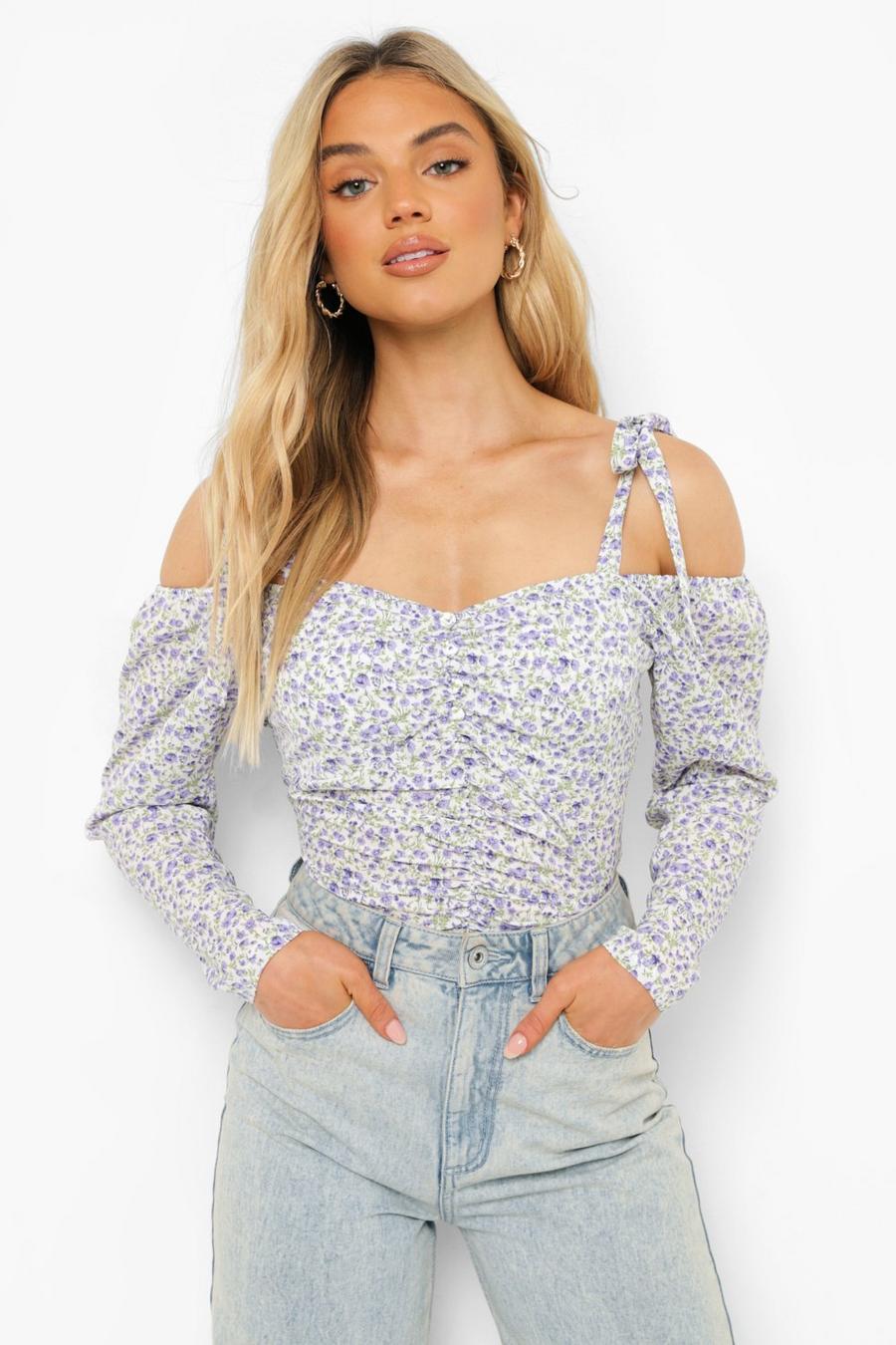Purple Floral Ruched Top image number 1