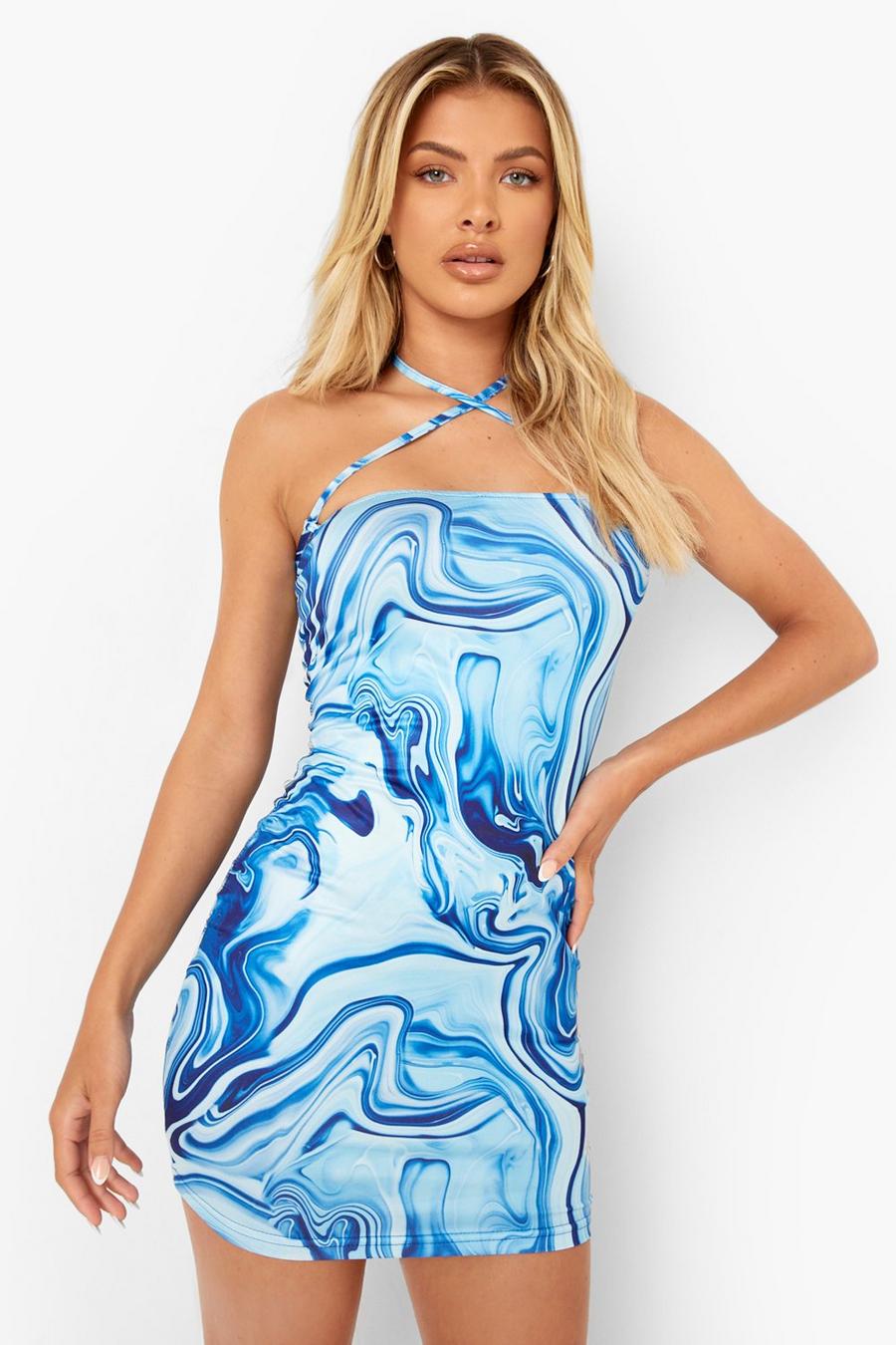 Blue Slinky Marble Printed Tie Detail Dress image number 1