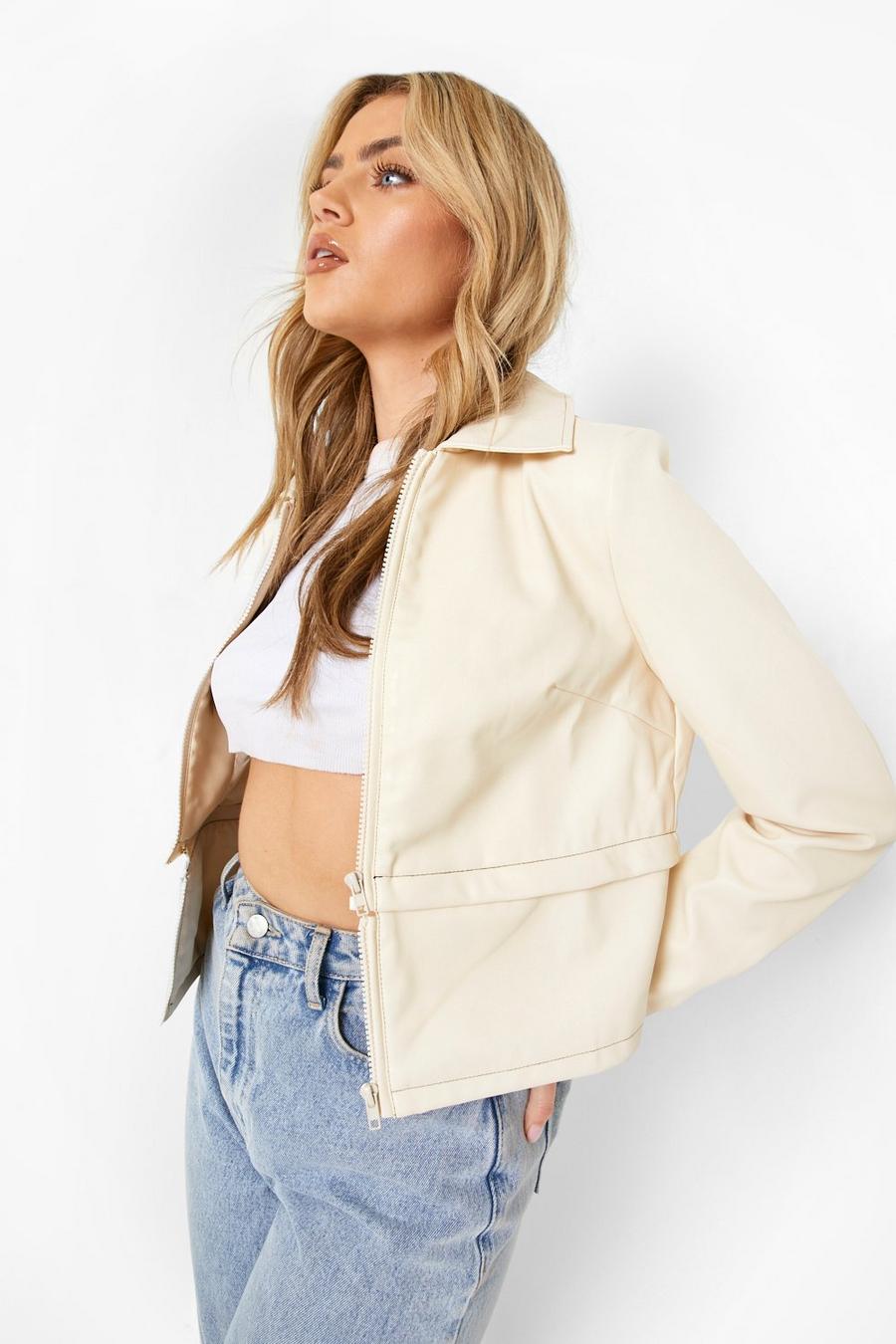 Cream Detachable Bottom Layer Faux Leather Jacket image number 1