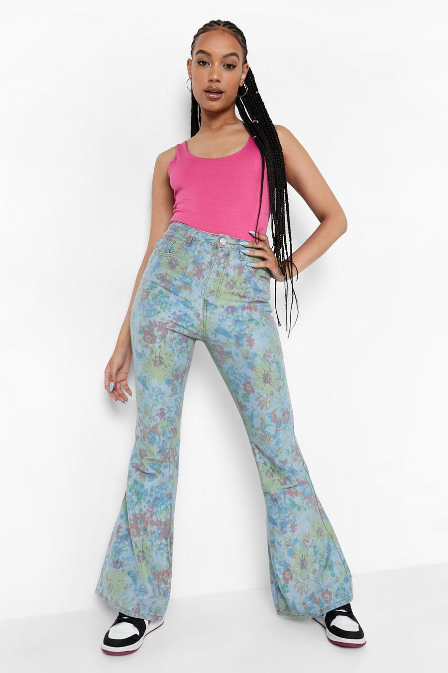 Light blue azzurro Floral High Waisted Flared Jeans