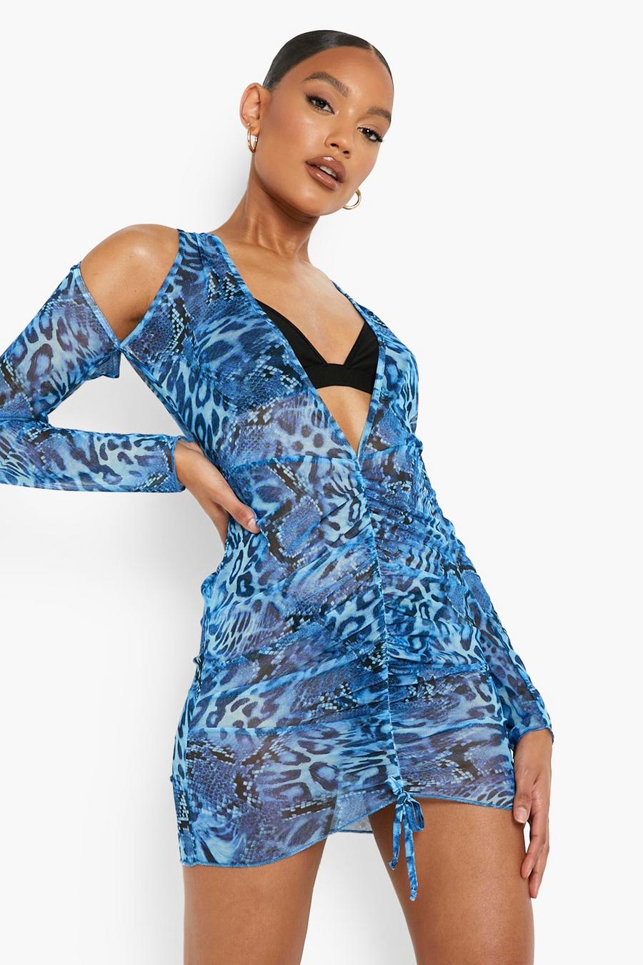 Blue Printed Cut Out Ruched Mini Dress image number 1