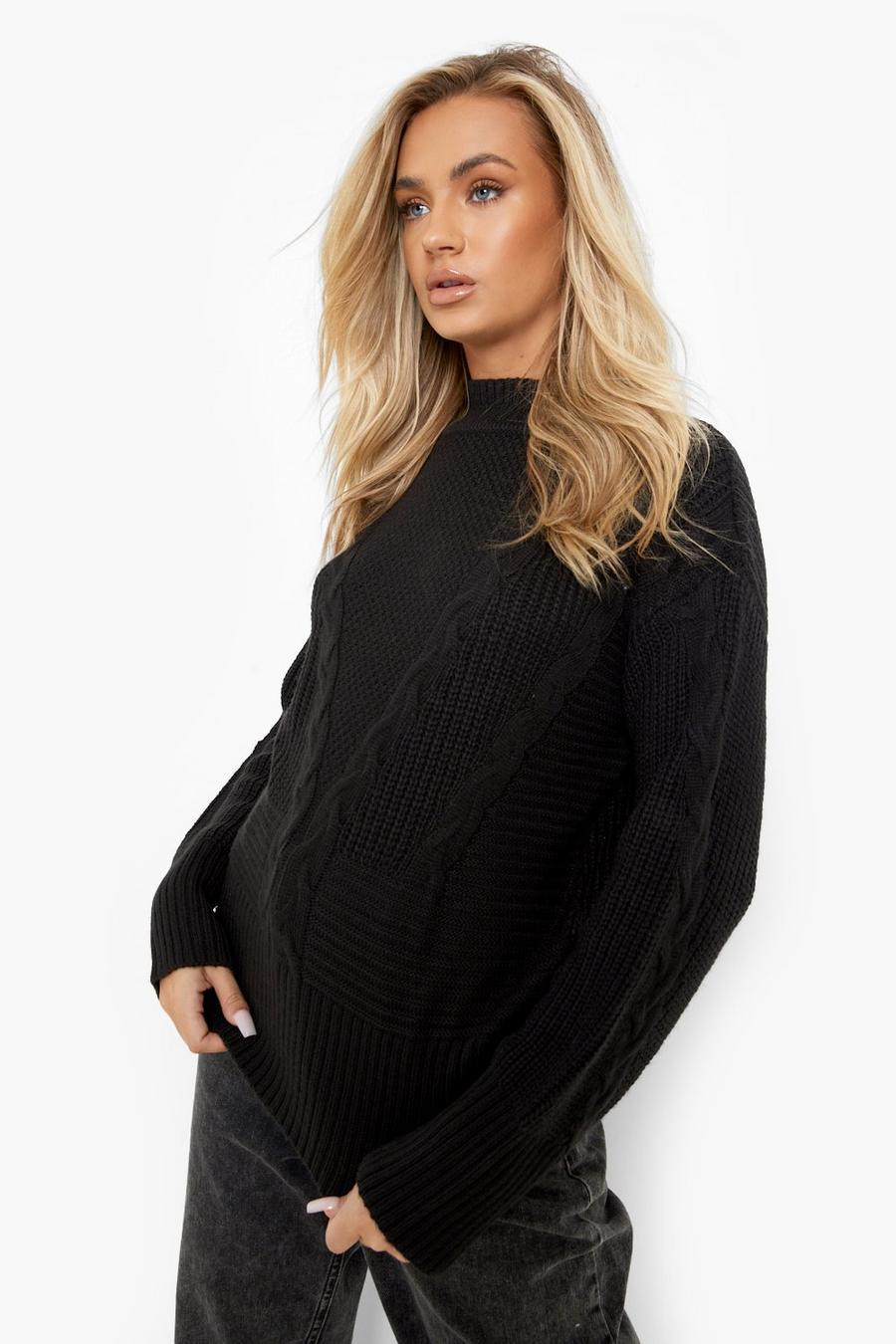 Black Cable Knit Funnel Neck Sweater image number 1