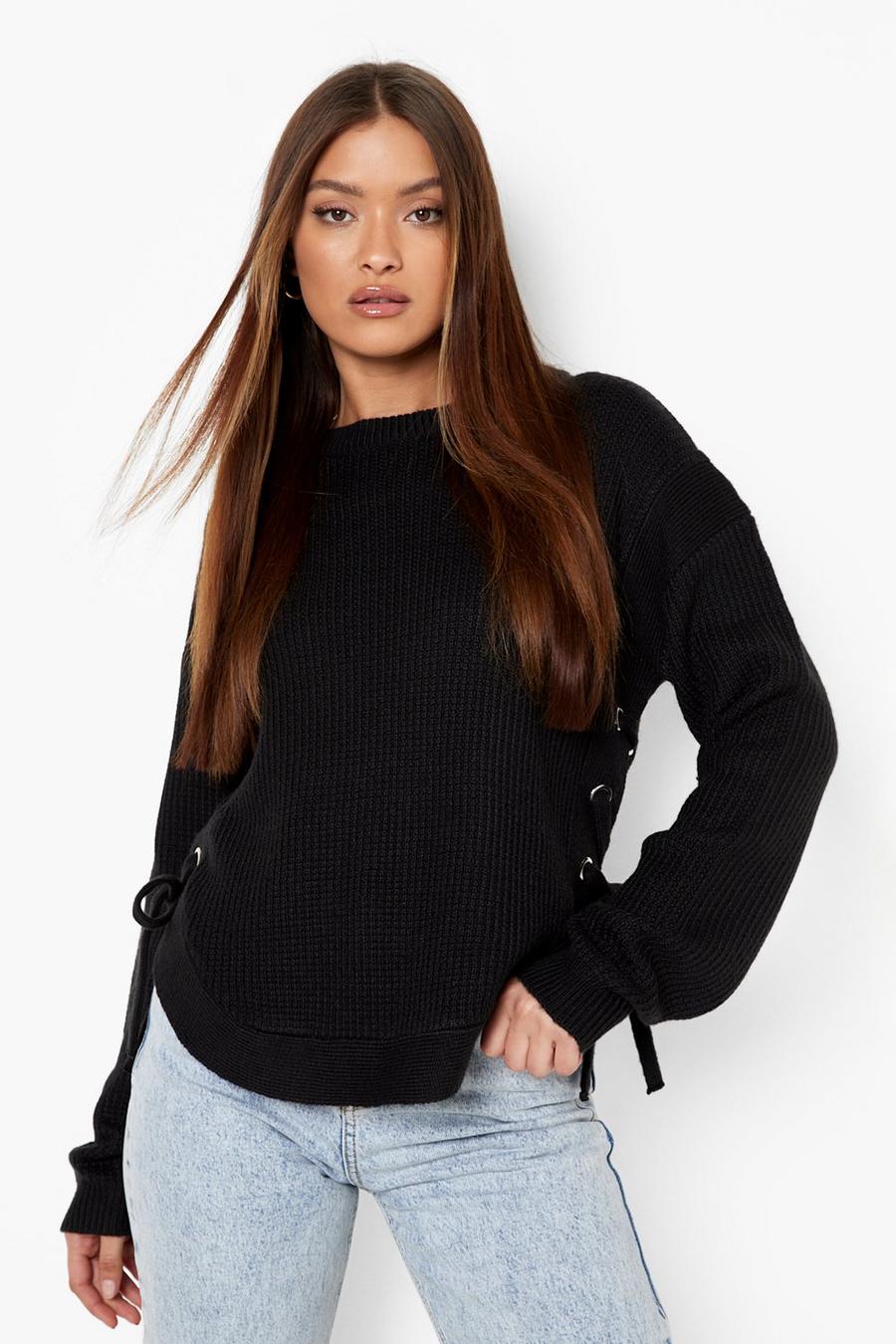 Black Lace Up Side Sweater image number 1