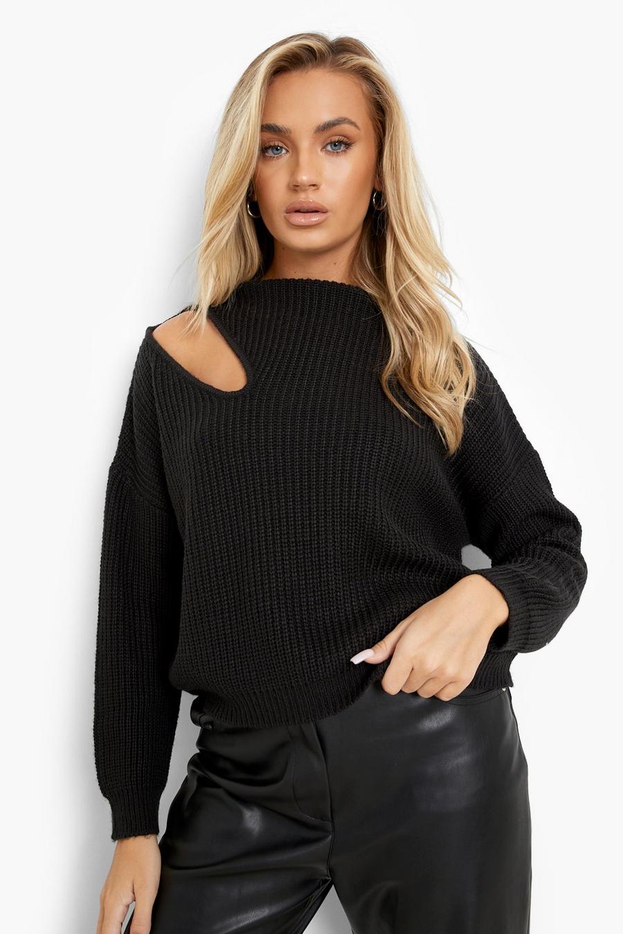 Cut-Out Pullover mit Trichterkragen, Black