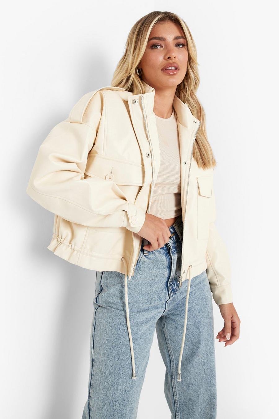 Cream Drawcord Faux Leather Utility Jacket image number 1