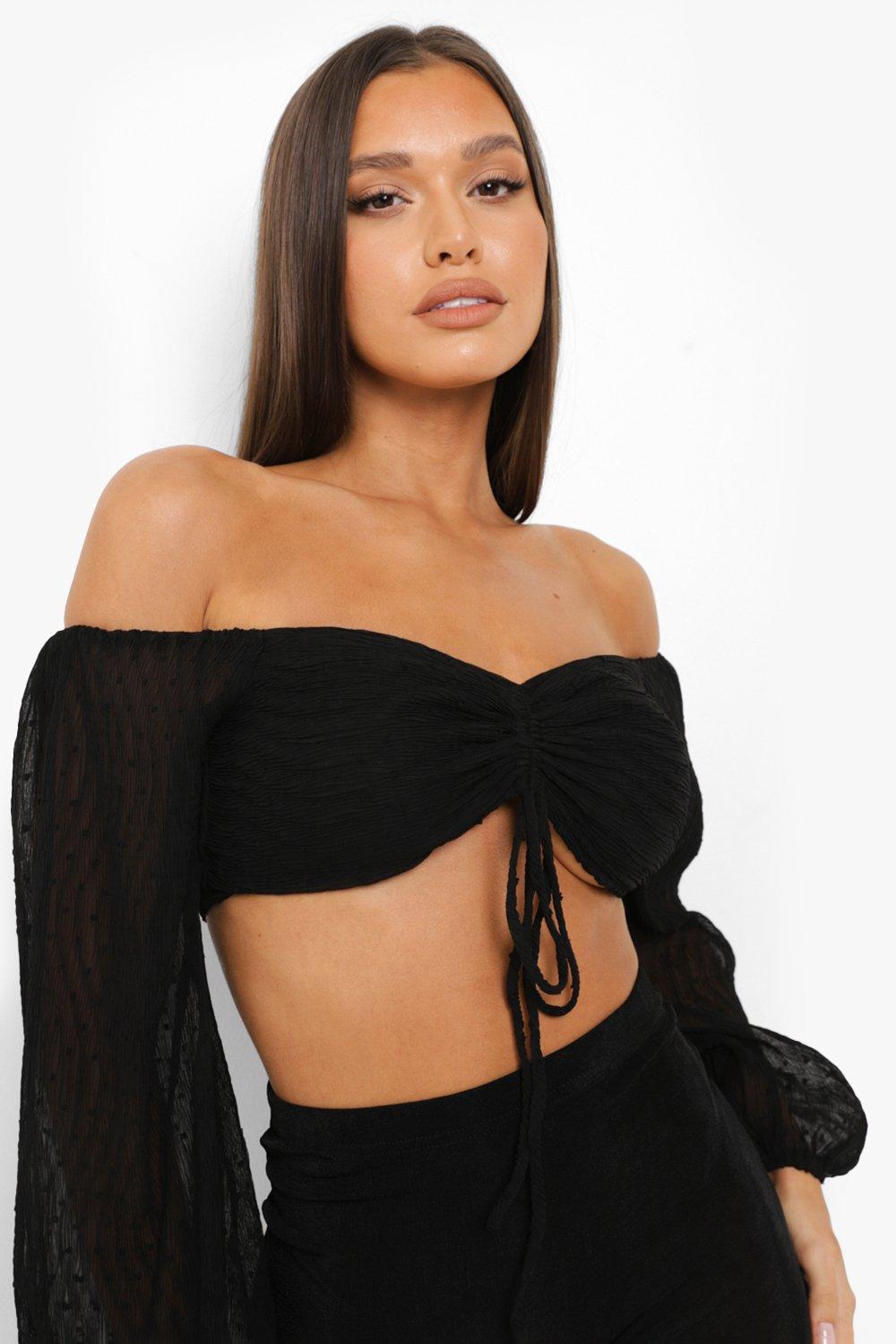 Ruched off the store shoulder crop top