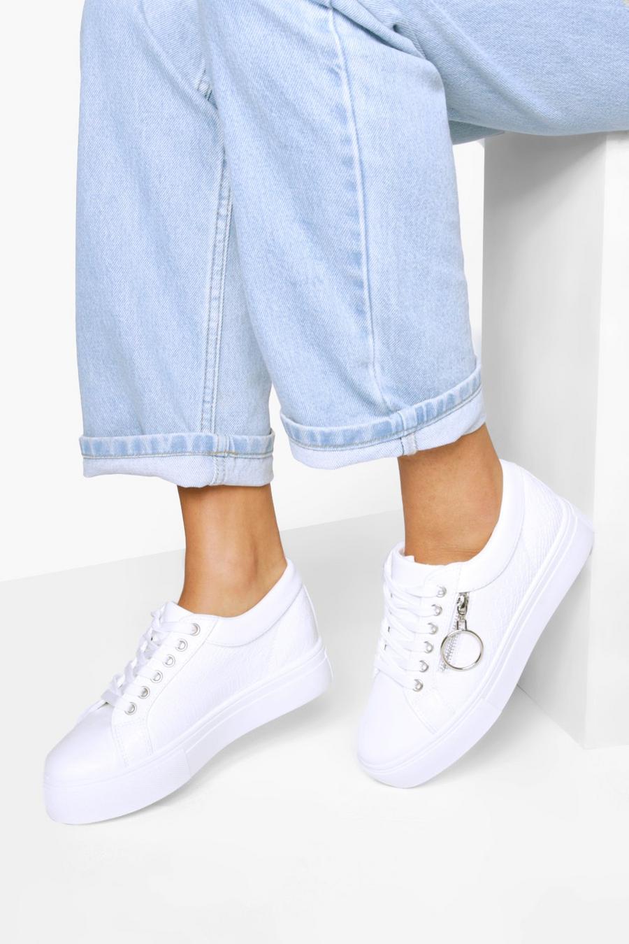 White Ring Zip Detail Platform Sneakers image number 1