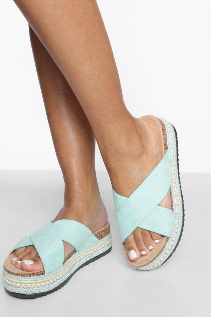 Turquoise Cross Over Studded Detail Flatforms image number 1