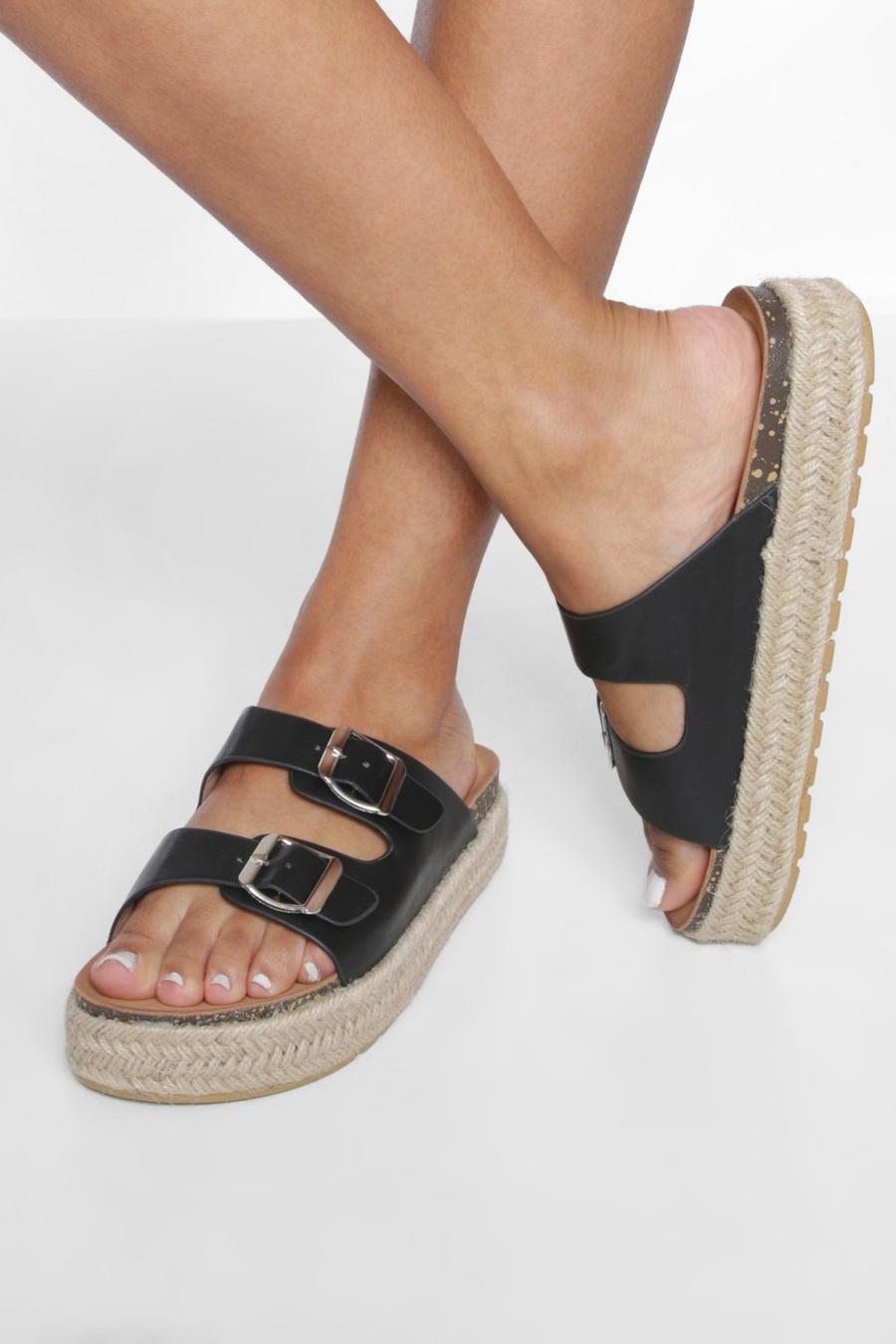 Black Double Buckle Chunky Espadrille Flatforms image number 1