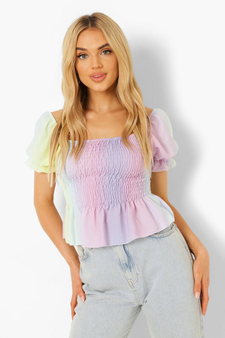 Pink Ombre Volume Sleeve Shirred Top image number 1