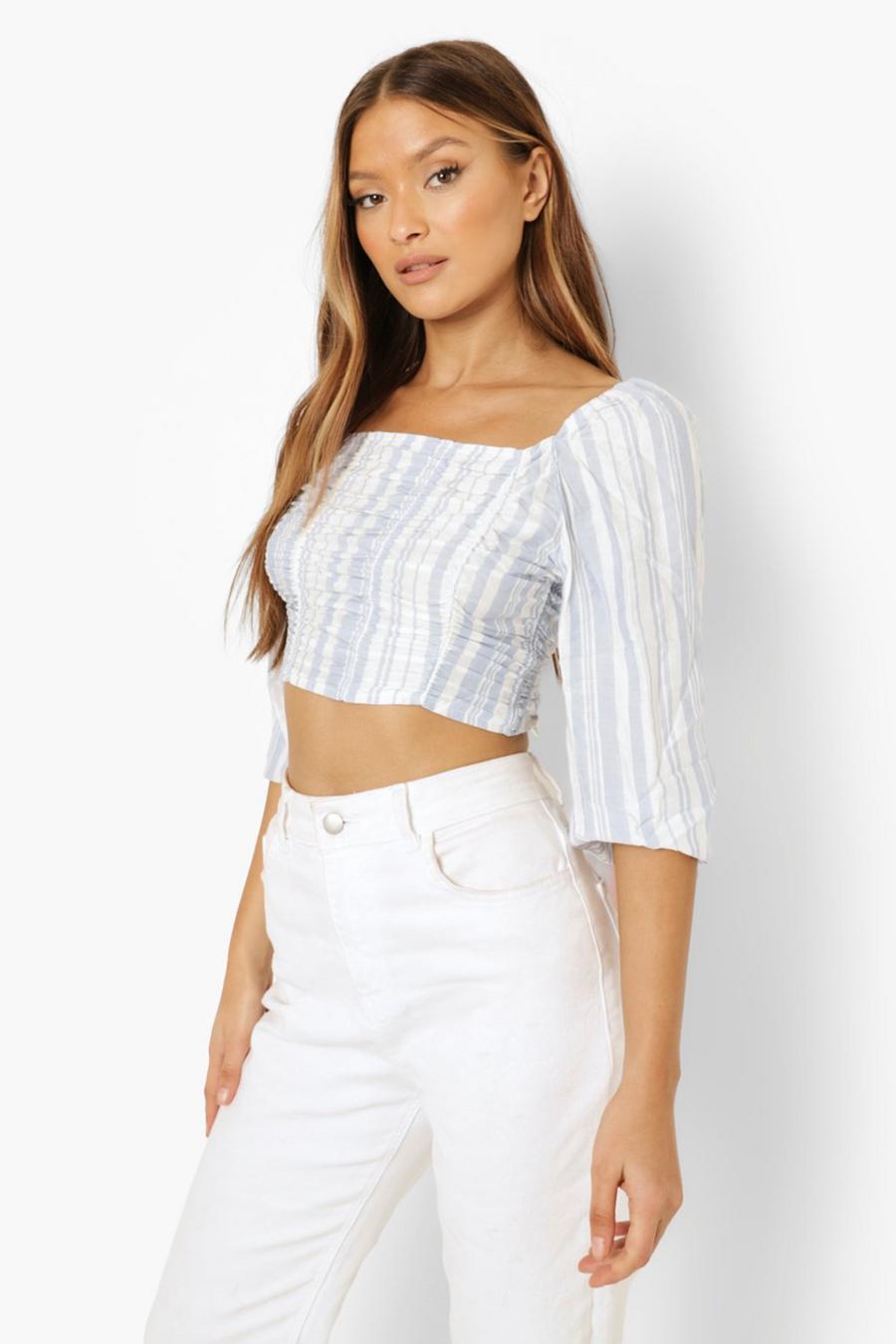 White Volume Sleeve Stripe Ruched Top image number 1