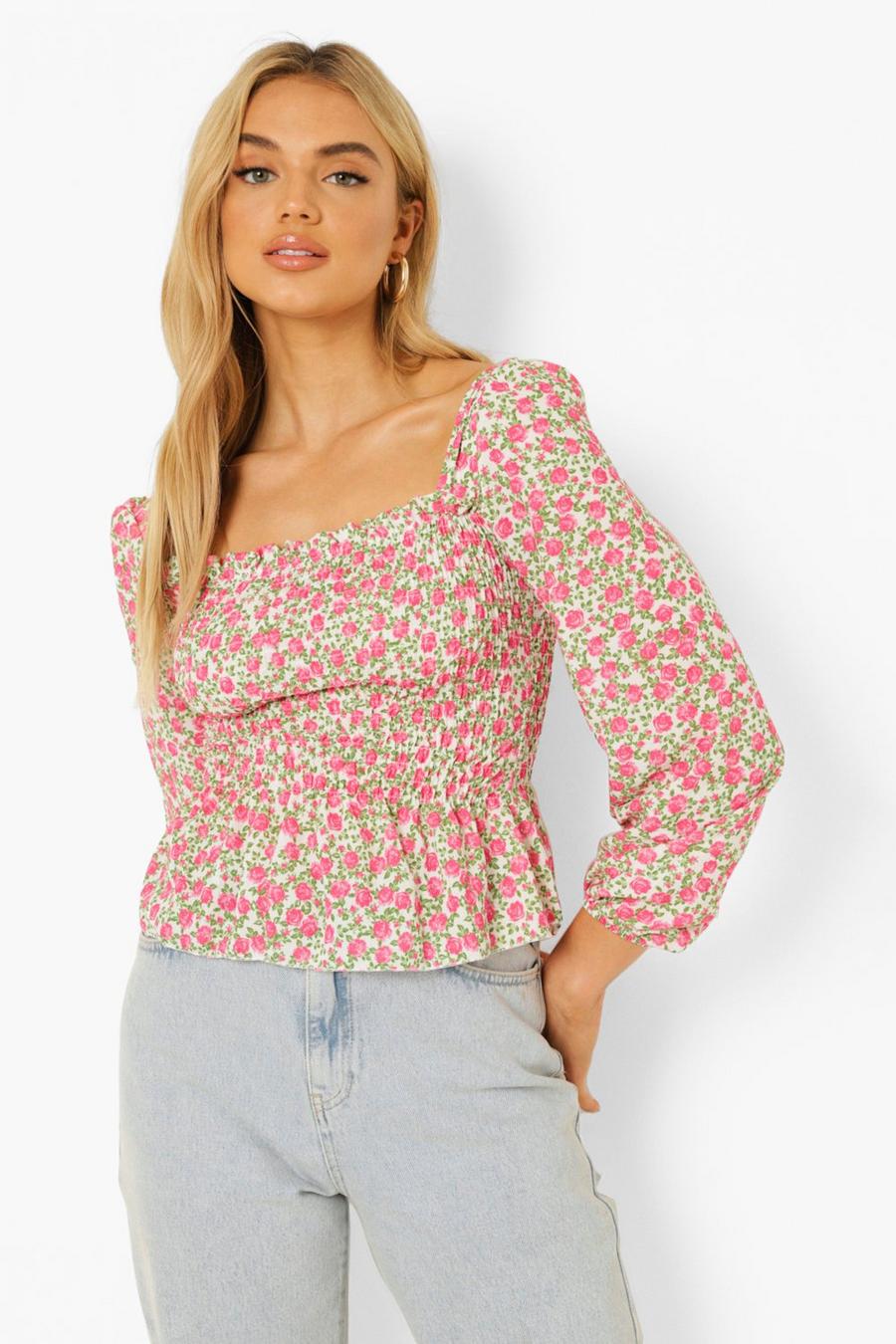 Pink Floral Puff Sleeve Shirred Top image number 1