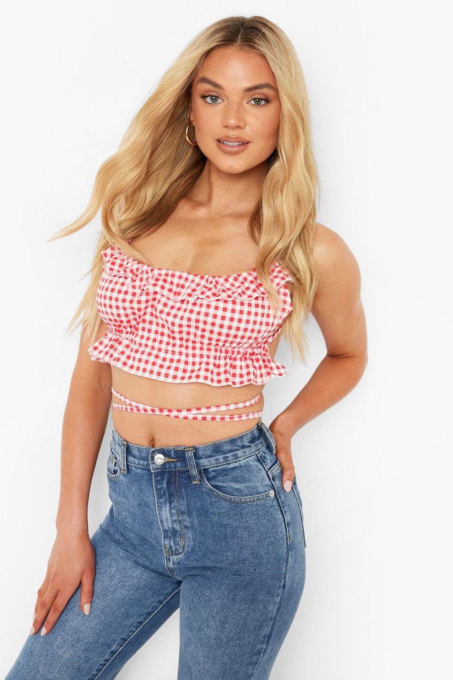 Red Frill Detail Strappy Gingham  Bralet image number 1