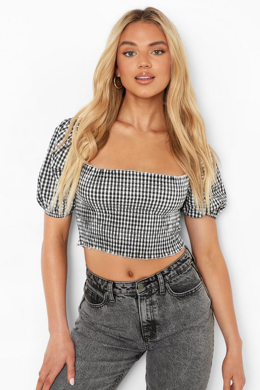 Black Gingham Puff Sleeve Shirred  Top image number 1