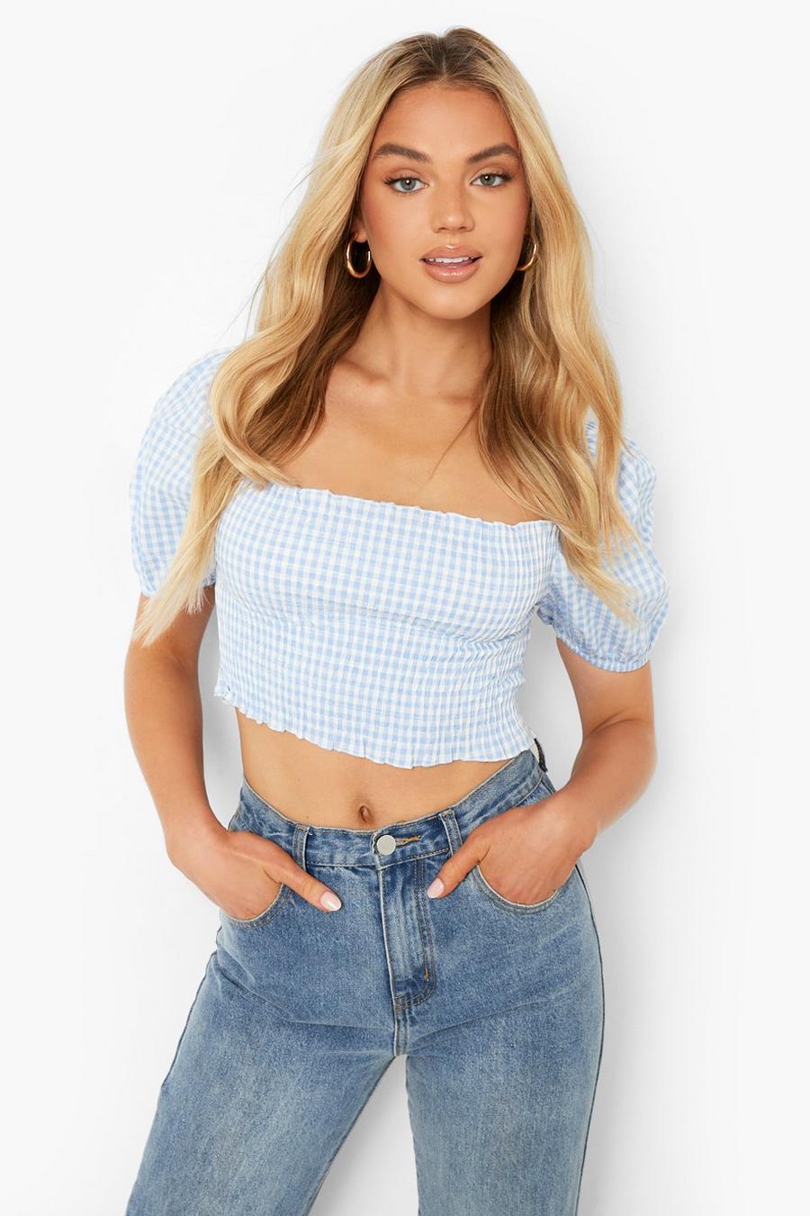 Blue Gingham Puff Sleeve Shirred  Top image number 1
