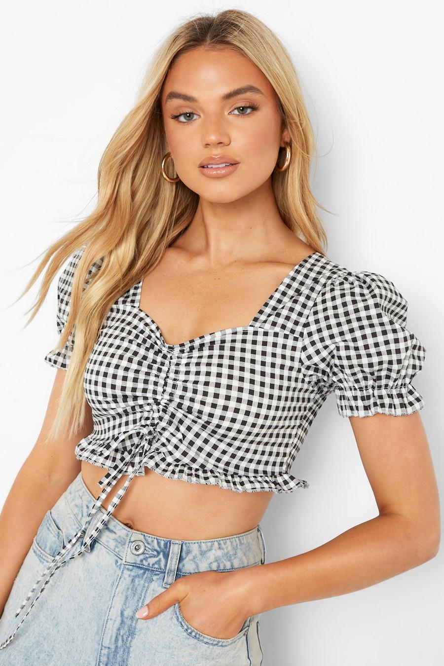 Black Ruched Puff Sleeve Gingham Crop Top image number 1