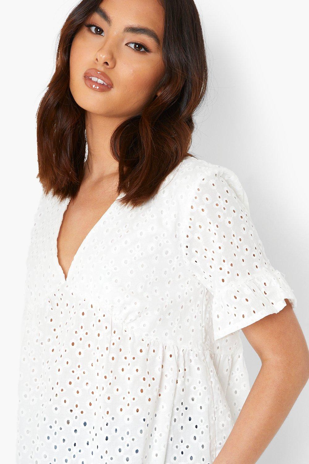 Plus Eyelet Puff Sleeve Smock Top