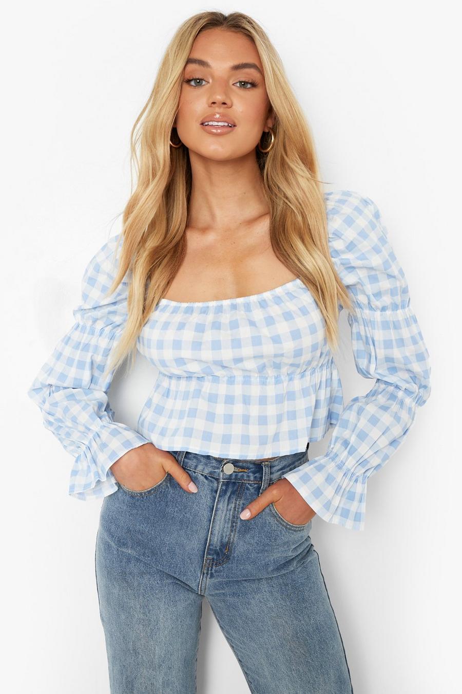 Blue Puff Sleeve Gingham Top image number 1