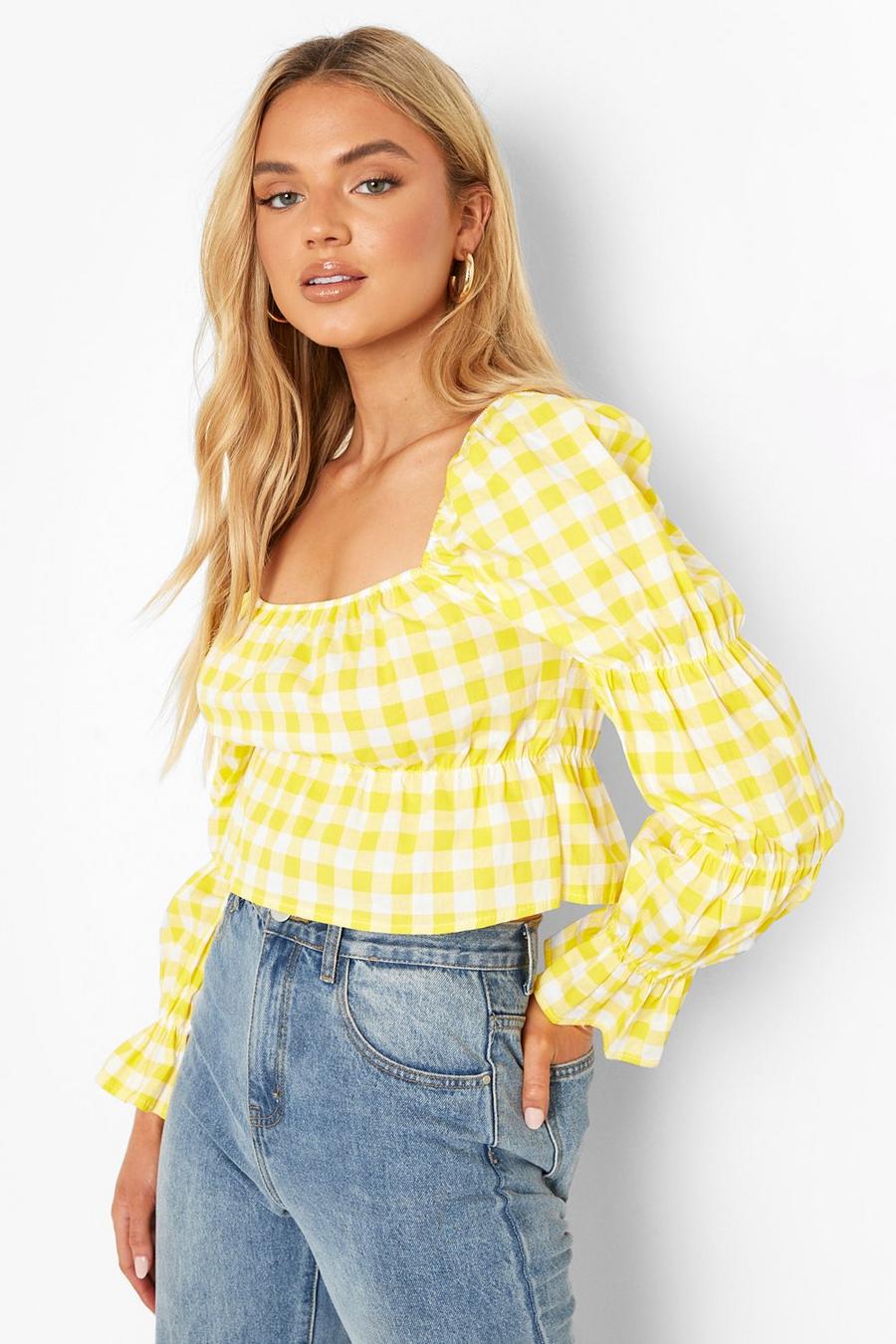 Yellow Puff Sleeve Gingham Top image number 1