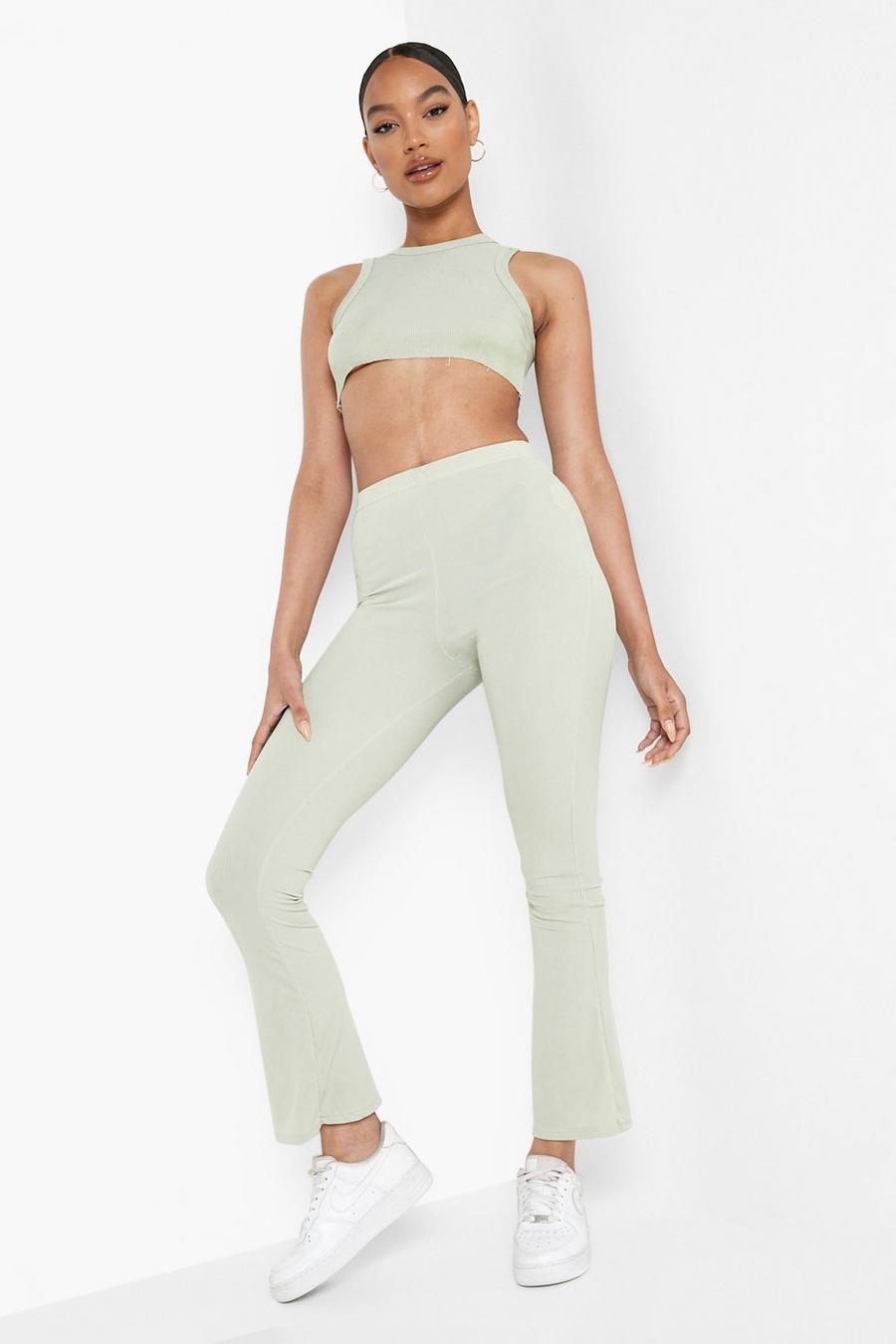 Sage Ribbed Flared Trousers image number 1