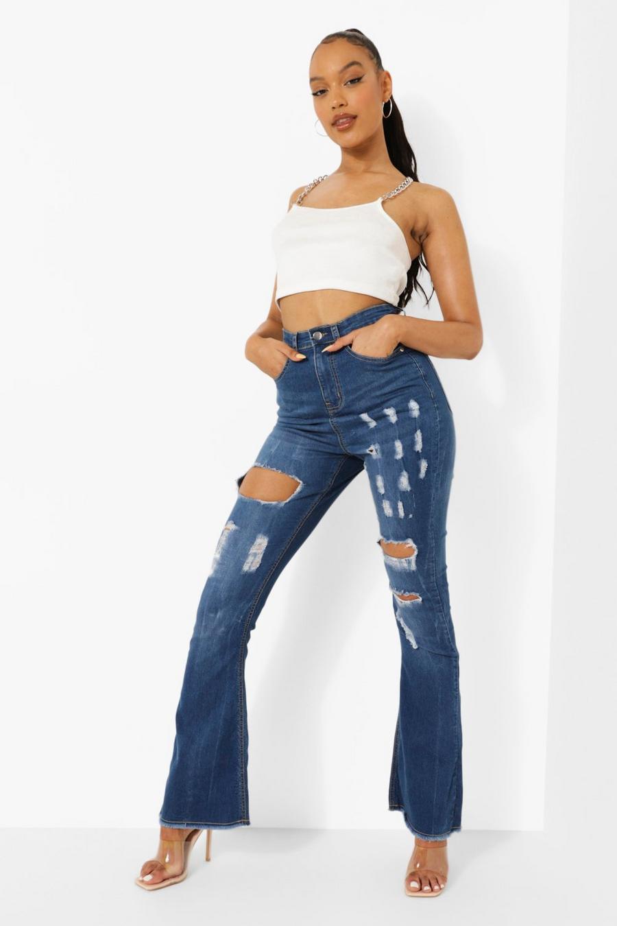 Mid blue High Rise Ripped Stretch Flare Jeans image number 1
