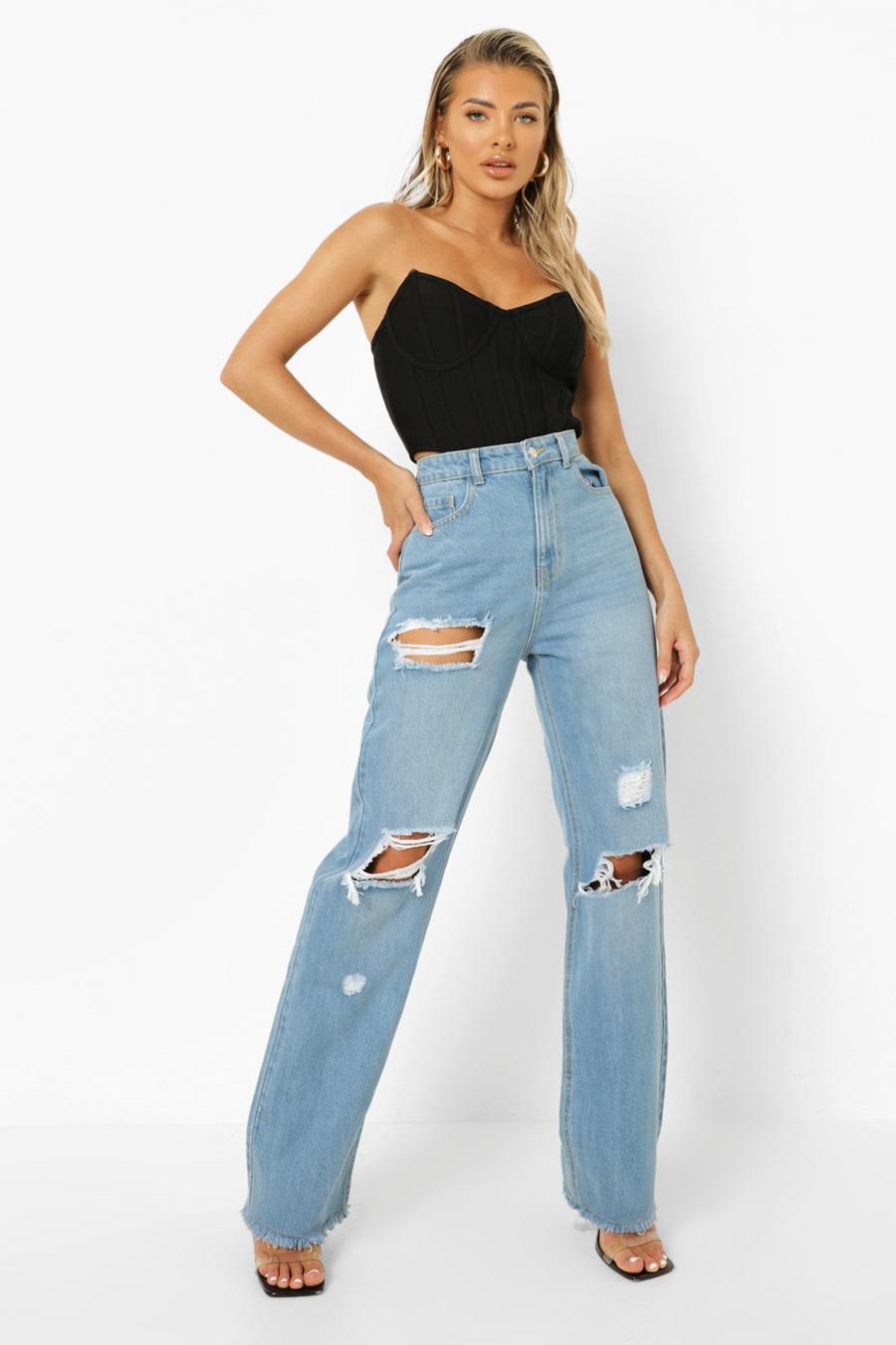 Mid blue High Rise Straight Leg Jeans With Rips image number 1