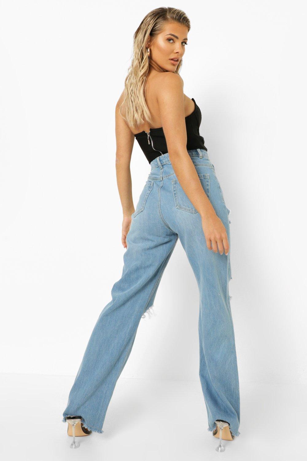 Feather Trim High Waist Straight Leg Jeans