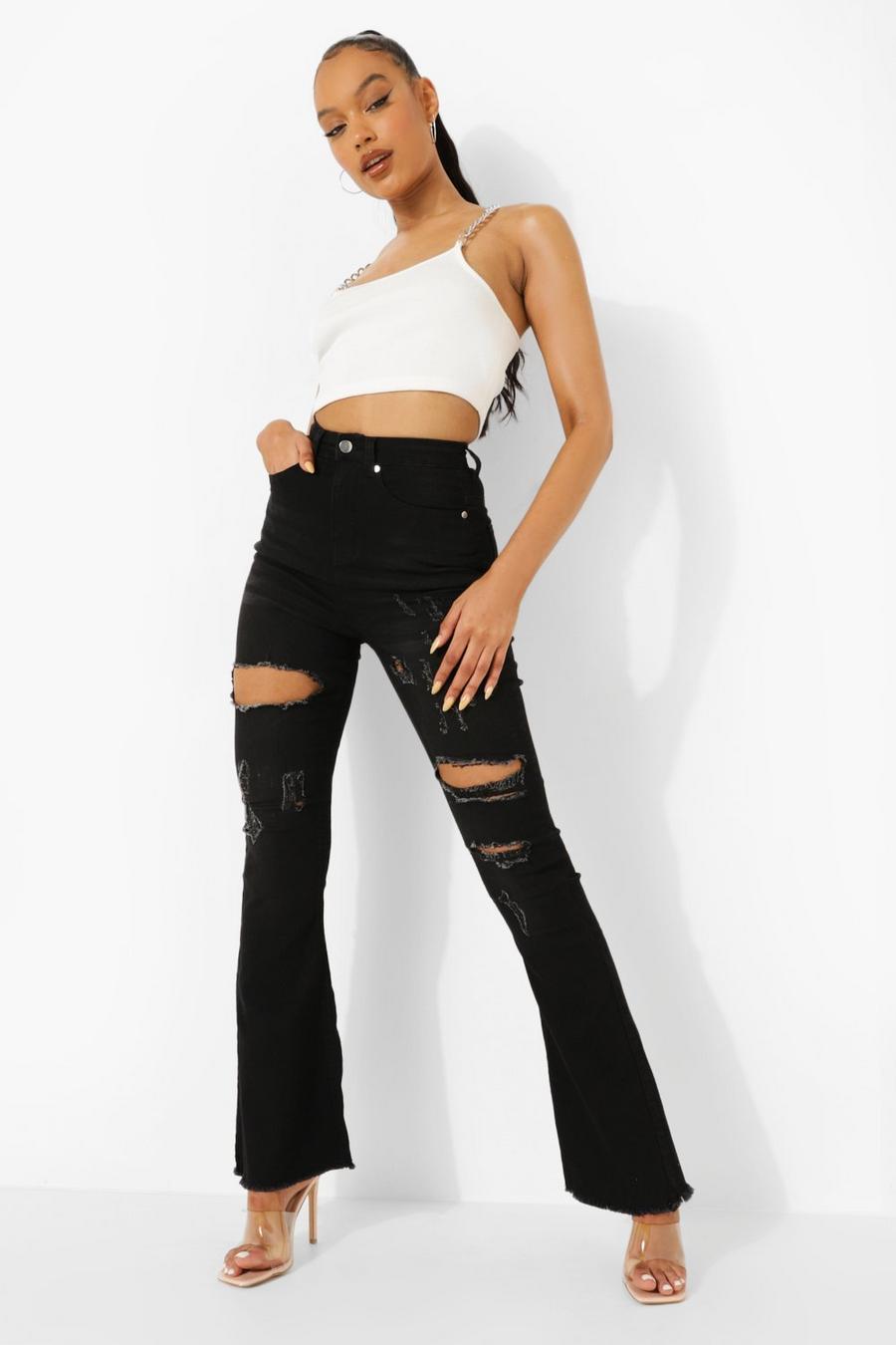 True black High Waisted Ripped Stretch Flare Jeans image number 1