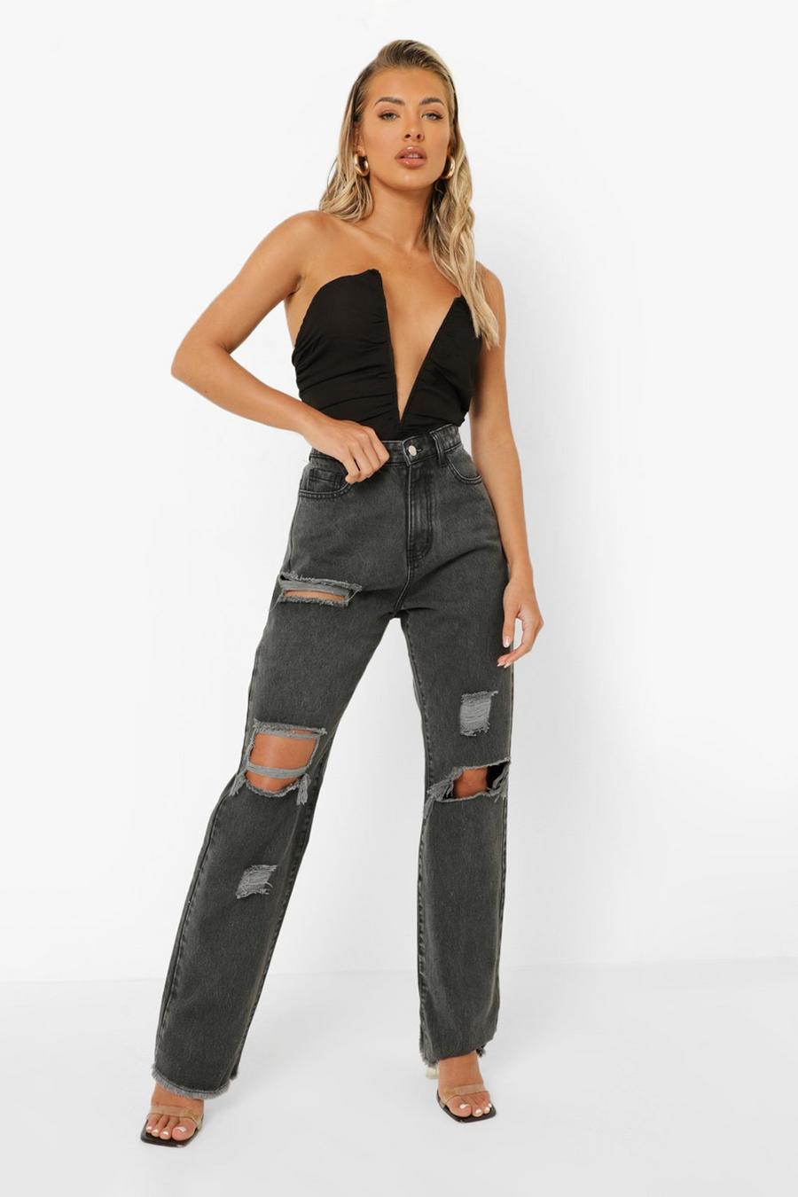 Charcoal High Rise Straight Leg Jeans With Rips image number 1
