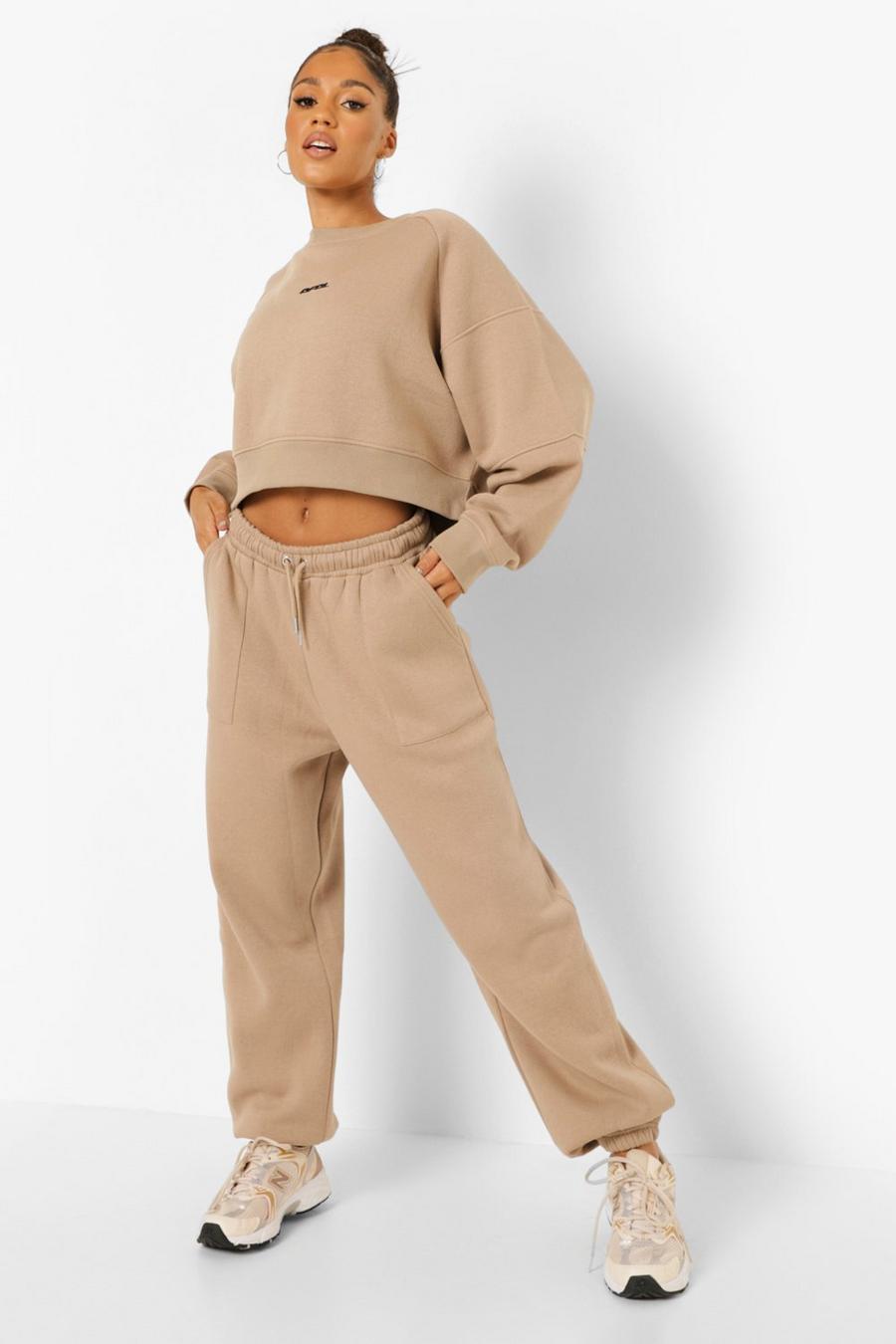 Taupe Seam Detail Embroidered Sweater Tracksuit image number 1