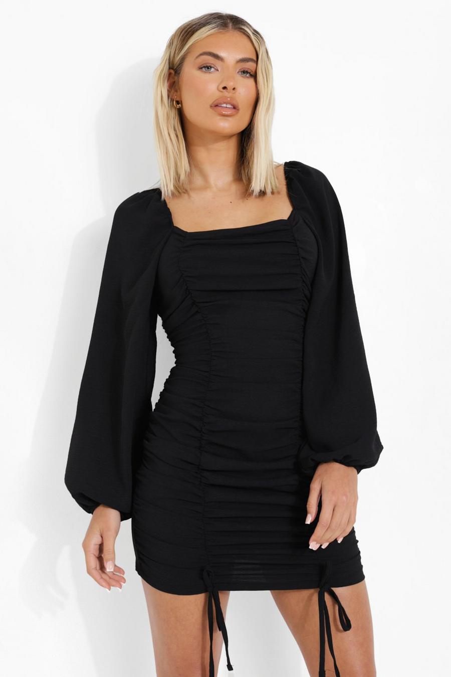 Black Ruched Balloon Sleeve Mini Dress image number 1