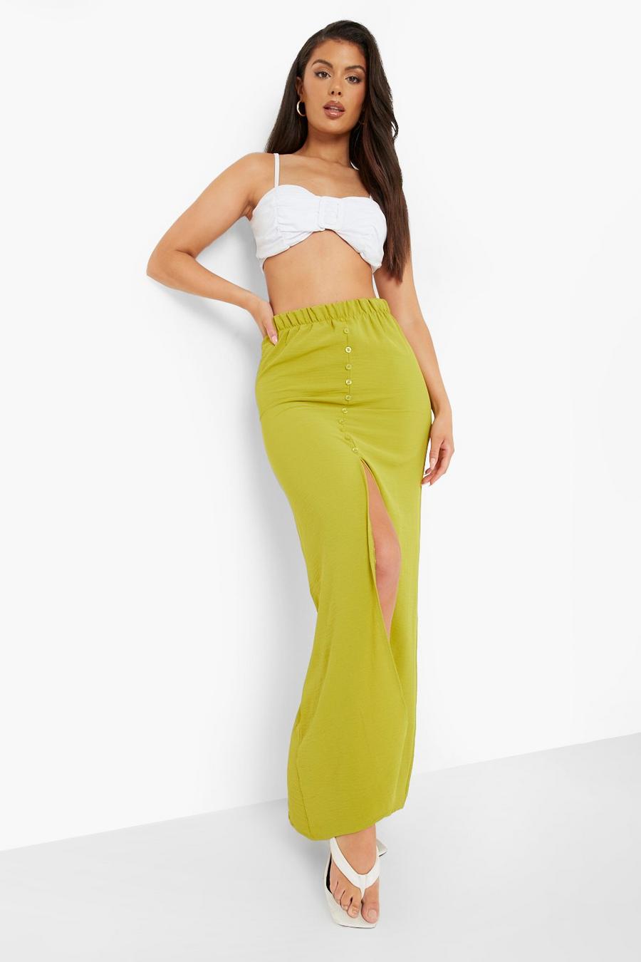 Olive Premium Textured Woven Button Maxi Skirt image number 1