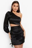 Black Jacquard Satin Ruched Side Mini Skirt