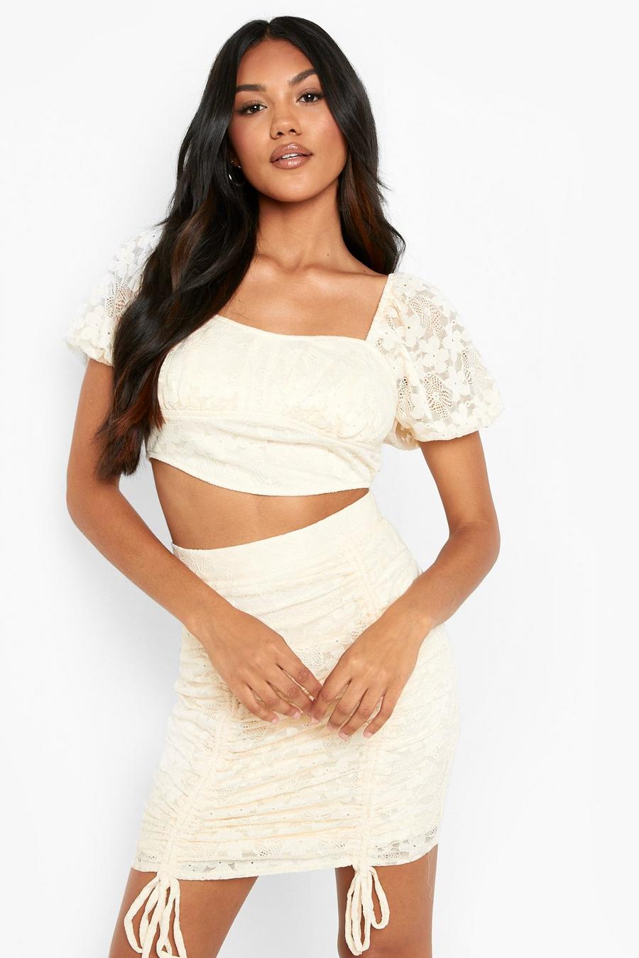 Cream Lace Ruched Mini Skirt image number 1