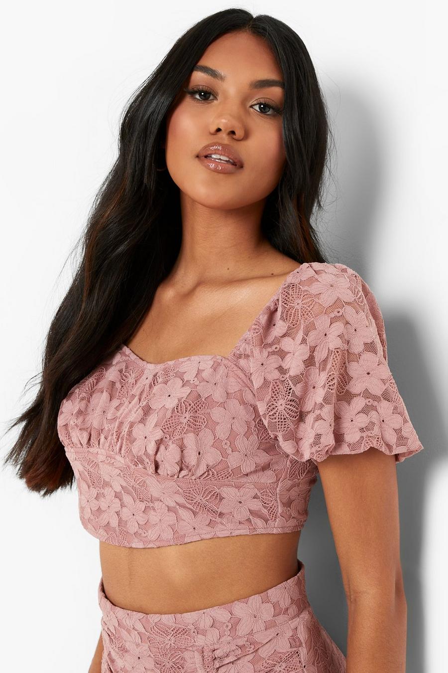 Mauve Lace Puff Sleeve Corset Crop Top image number 1