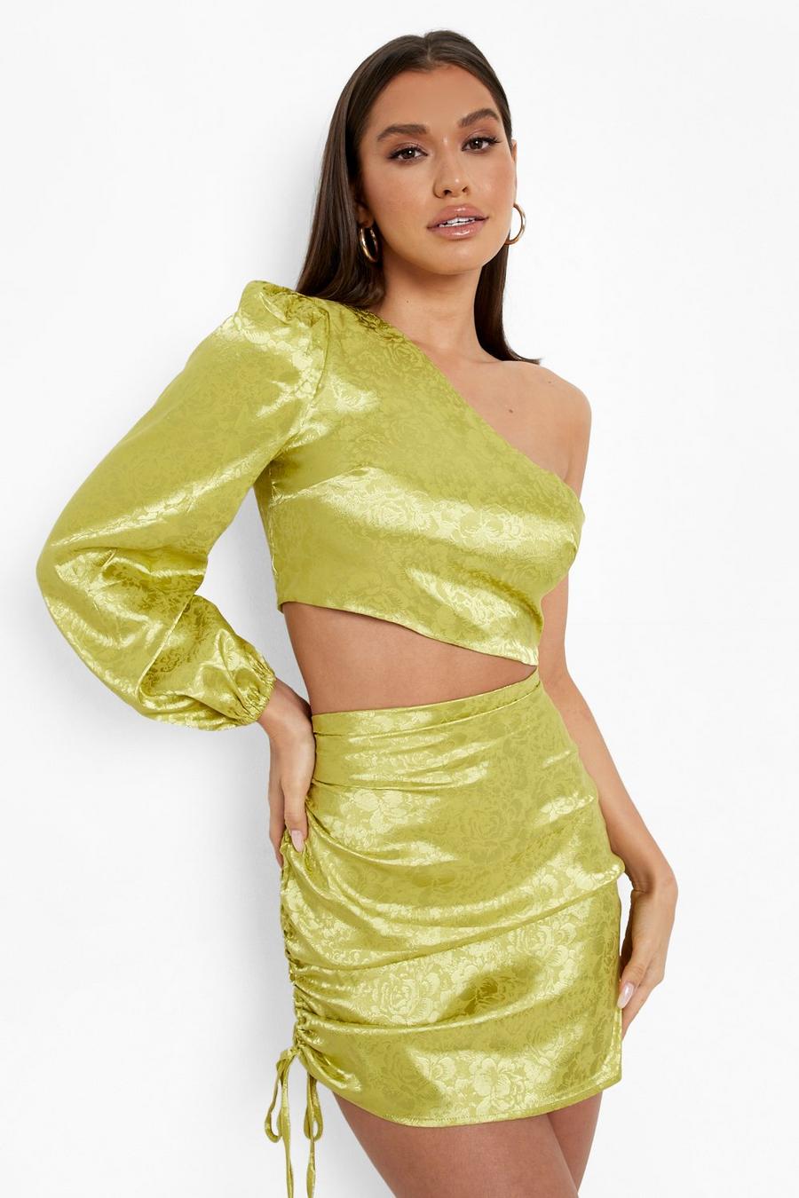 Chartreuse yellow Jacquard Satin One Shoulder Crop Top image number 1