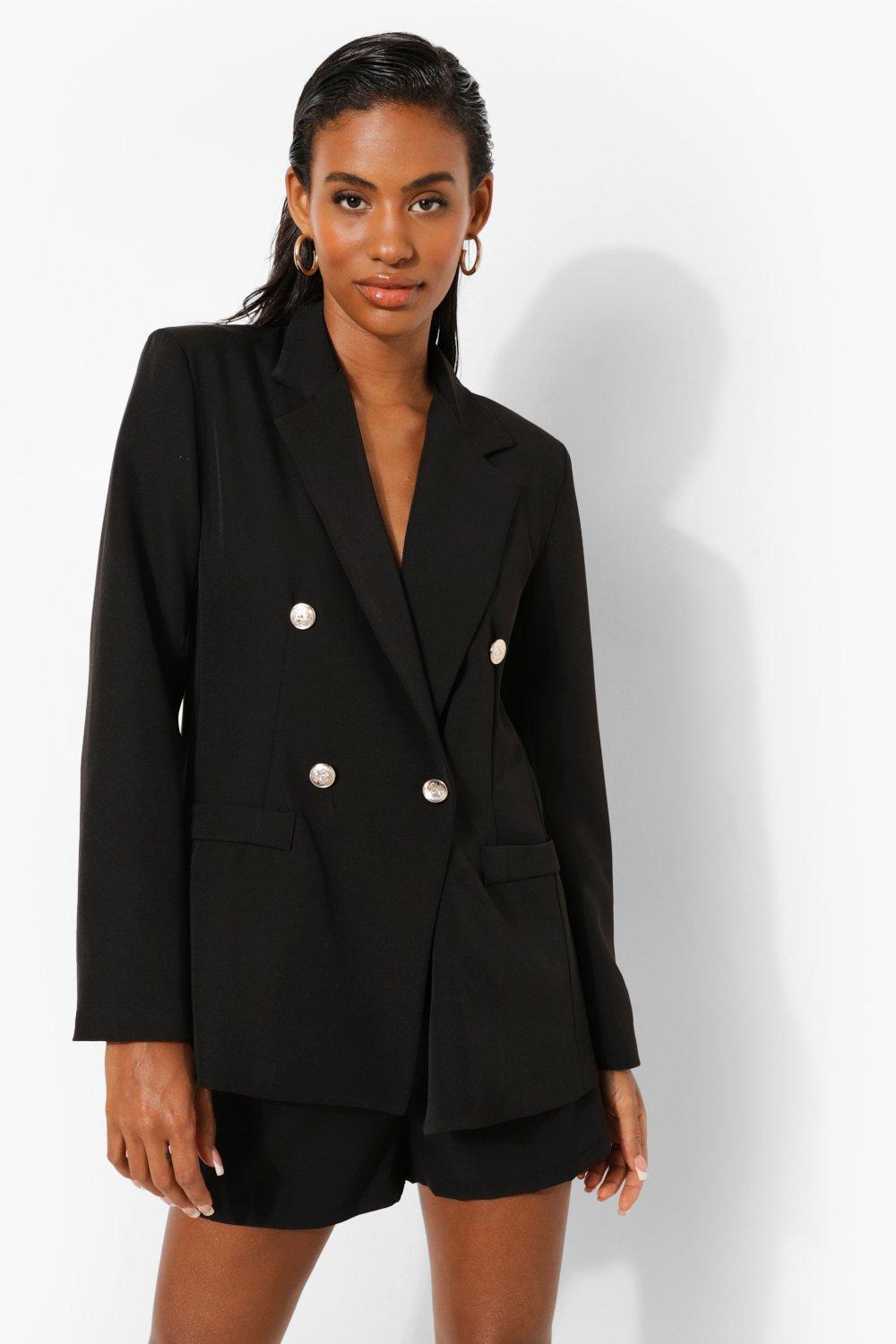 Black Tailored Gold Button Front Blazer