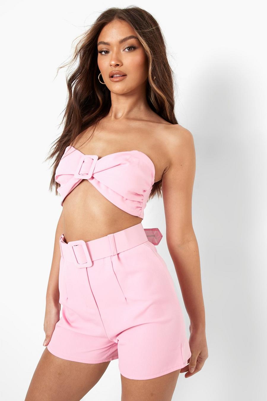 Candy pink Self Fabric Belted Shorts image number 1
