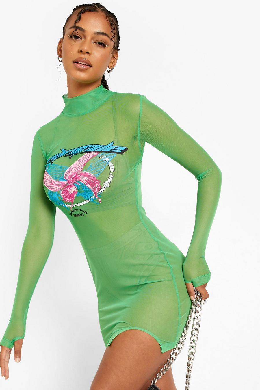 Green High Neck Graphic Mesh Bodycon Dress image number 1