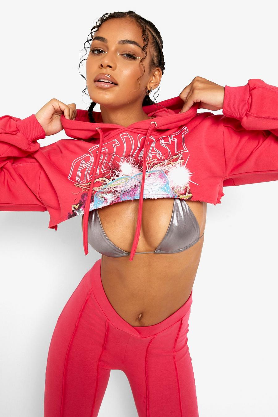 Pink Extreme Cropped Exposed Seam Graphic Hoodie image number 1